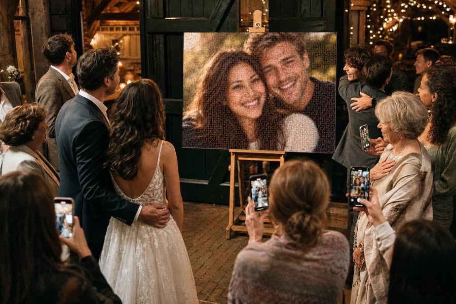 Example: photos from all the guests come together in one mosaic of the couple